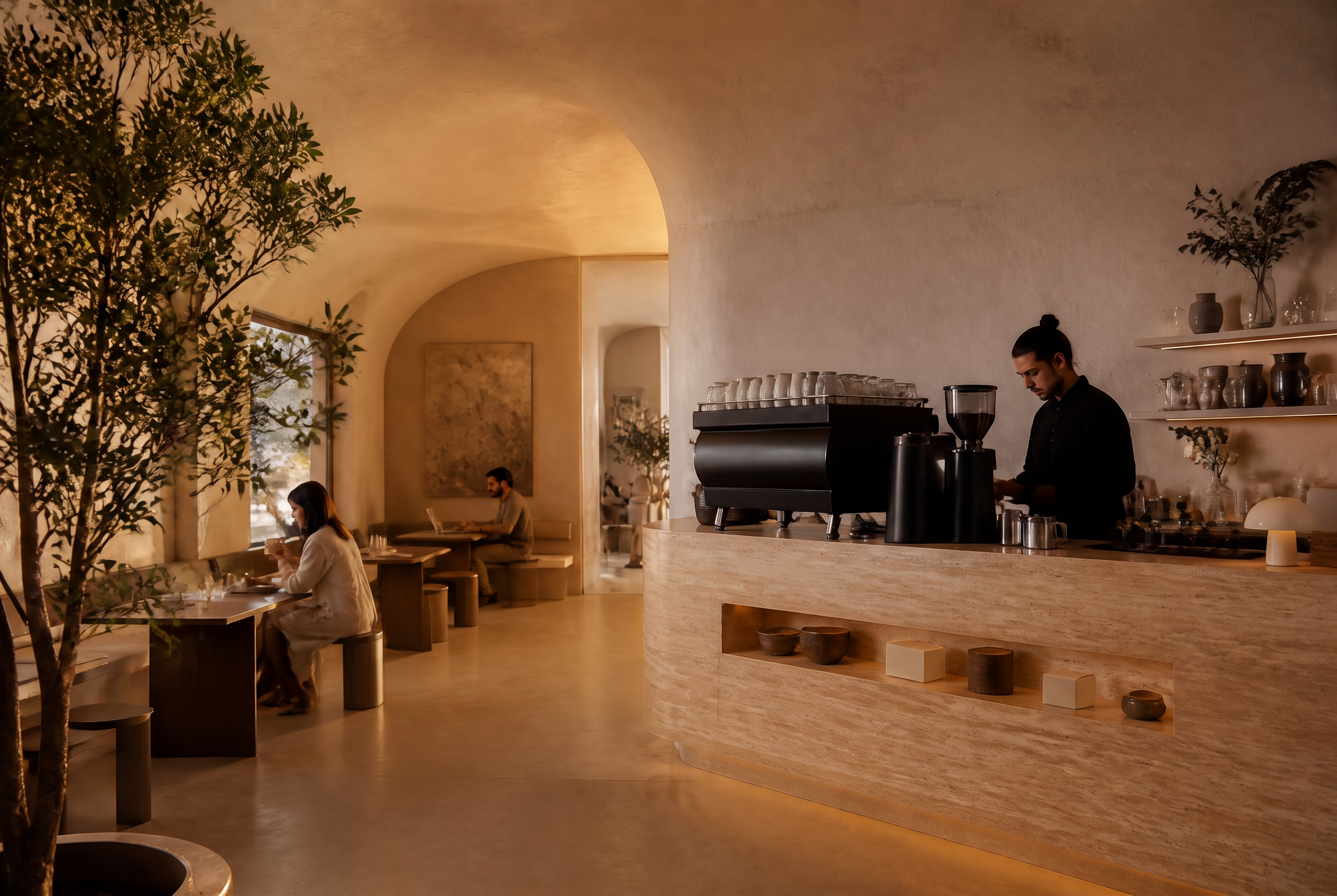 The Sixth Wave café bar in warm travertine, lit by late afternoon light